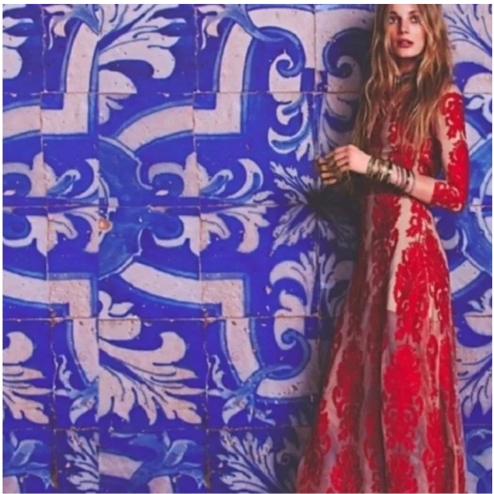 For Love and Lemons San Marcos Embroidered Lace Print Open Back Maxi Dress Red